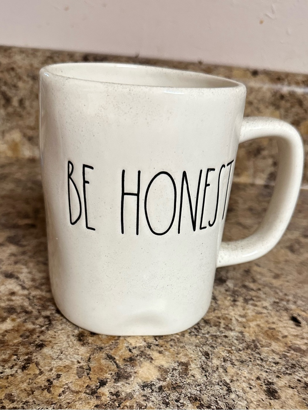 Rae Dunn White Mug with Black 'Be Honest' Text